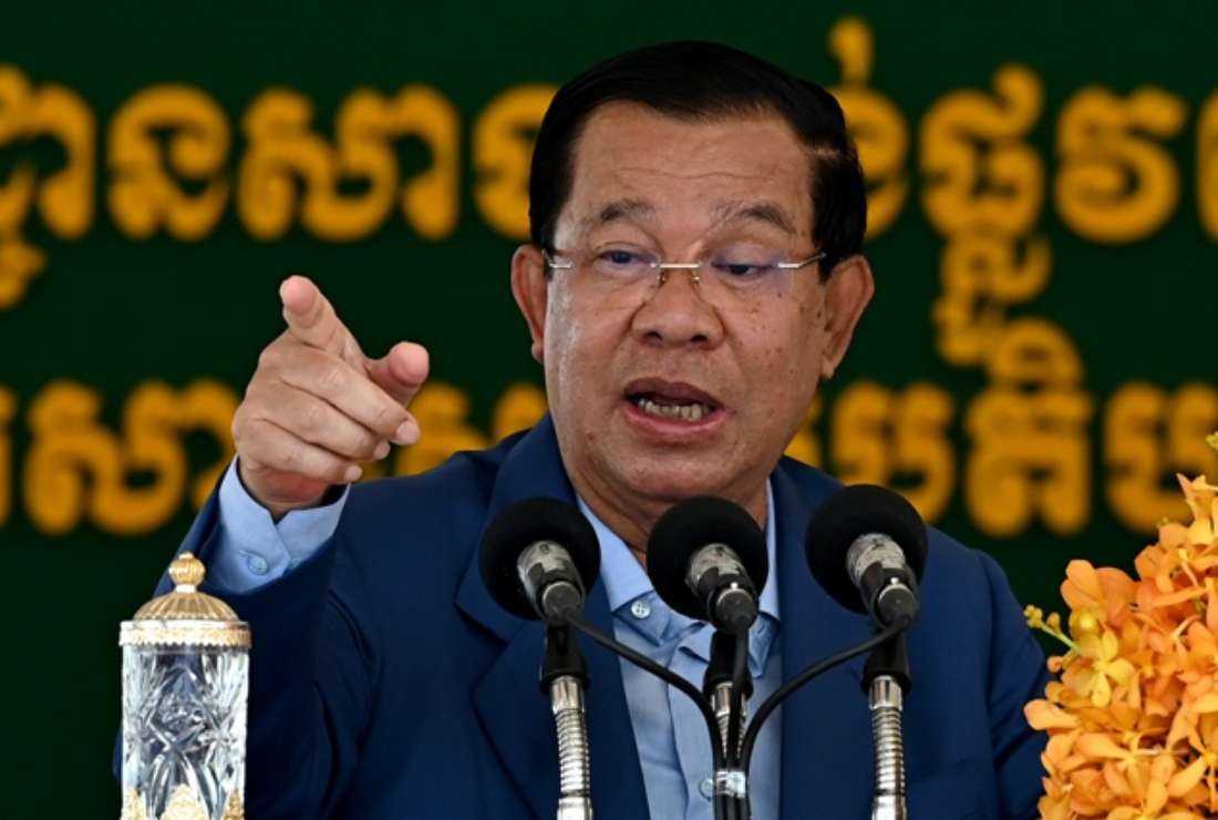 Cambodia's Prime Minister Hun Sen speaks during a groundbreaking ceremony for the construction of a 135km expressway from the capital Phnom Penh to Bavet City in Svay Rieng province on the Cambodia-Vietnam border, in Phnom Penh on June 7