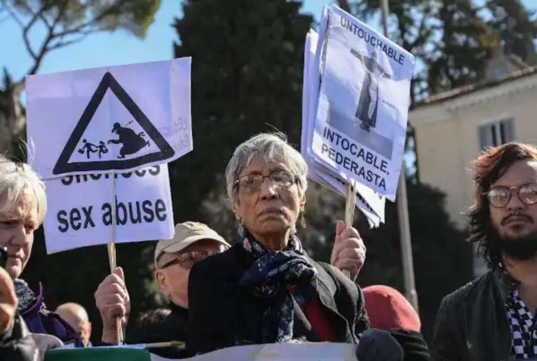 India's Virginia Saldanha (center) who serves as secretary of the Indian Women Theologians Forum and Ecclesia of Women in Asia, takes part in a protest by victims of clergy sexual abuse at the Piazza del Popolo in Rome on Feb. 23, 2019