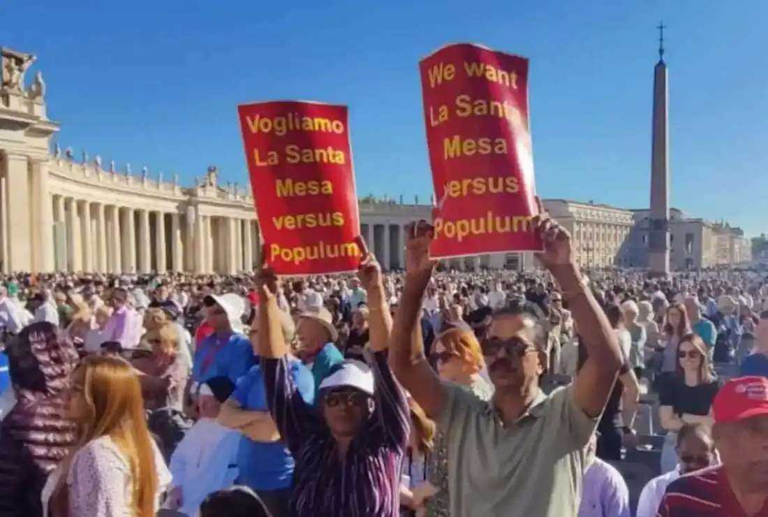 Catholics from Eastern-rite Syro-Malabar Church, based in southern Kerala state in India, demonstrate with placards during the general audience of Pope Francis in the Vatican on Oct. 5 demanding to allow their priests to say Mass facing the people