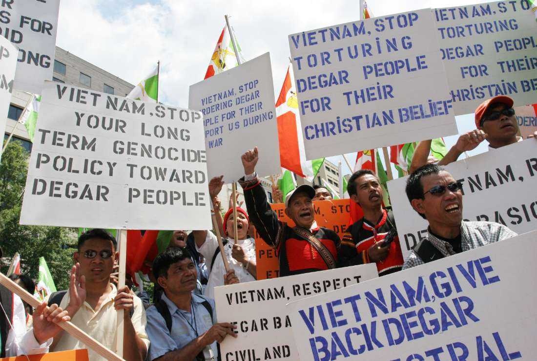 In this file photo, Montagnards demonstrate in Freedom Plaza in Washington DC on 21 June 2005 against alleged human rights abuses against them committed by the Vietnamese government. Vietnamese security forces are hunting a small group of insurgents, said to be Montagnards, who authorities say attacked police stations and took hostages on June 11, leaving at least six people dead.