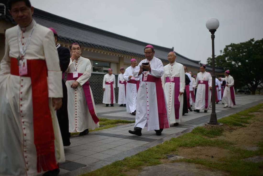 Asian bishops gather for a meeting with Pope Francis (not pictured) and other Catholic bishops from 22 Asian countries at Haemi Martyrs Shrine in Haemi, south of Seoul on Aug. 17, 2014, on the penultimate day of a visit to South Korea